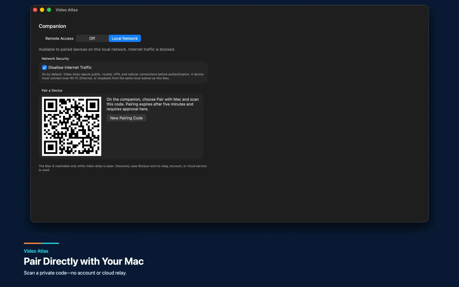 Video Atlas QR pairing between a Mac and iPhone companion