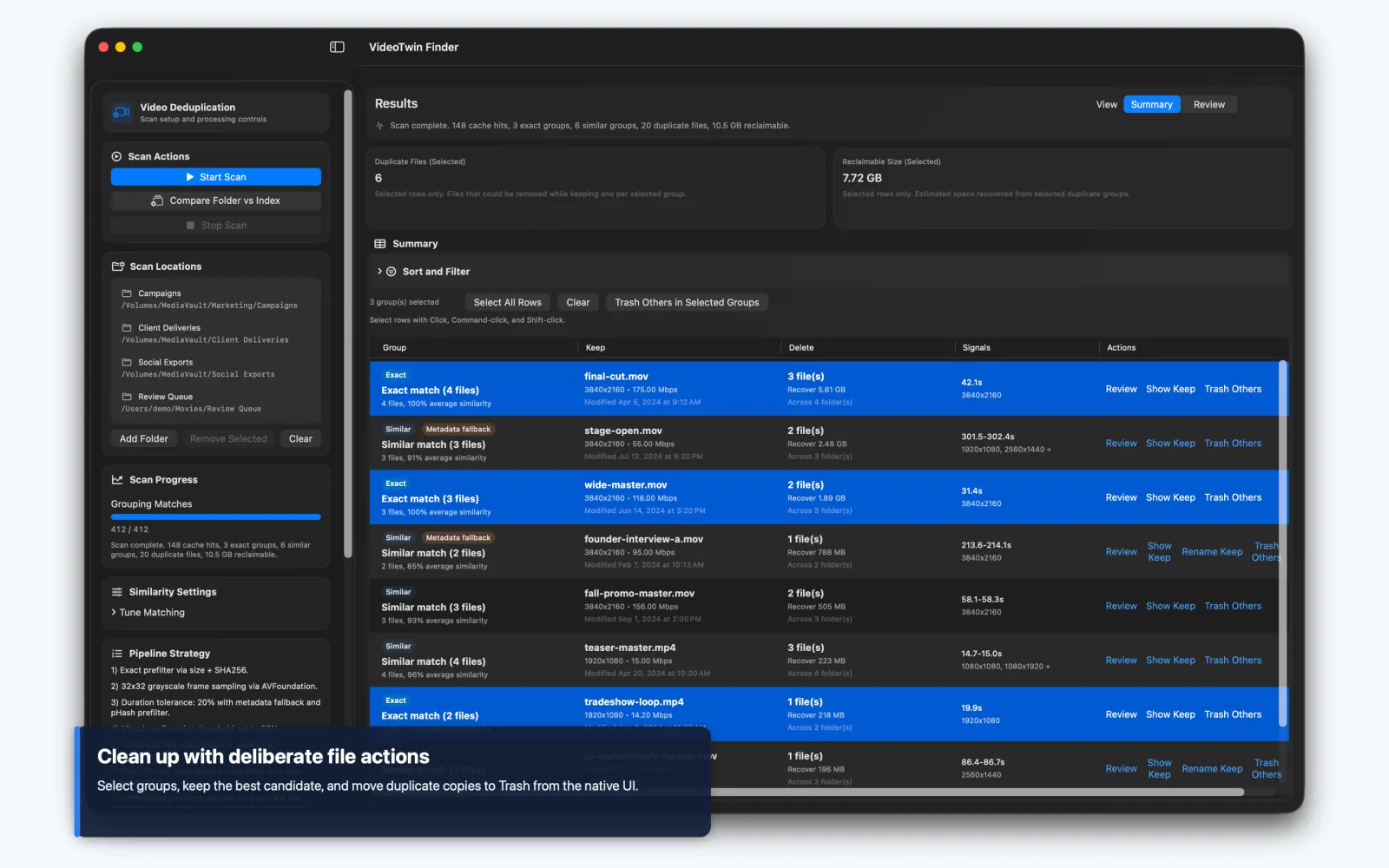 VideoTwin Finder cleanup actions for keeping, revealing, renaming, or moving duplicate videos to Trash