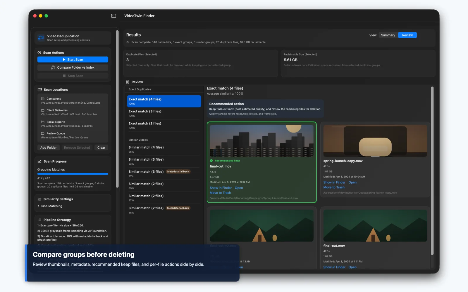 VideoTwin Finder review view with duplicate thumbnails and file metadata