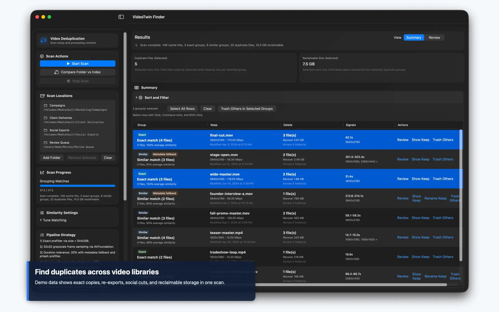 VideoTwin Finder duplicate video summary on Mac